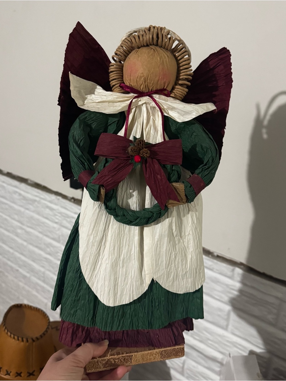 Vintage 90s Corn Husk Doll Christmas Angel Girl Woman With Wreath Folk Art Decor